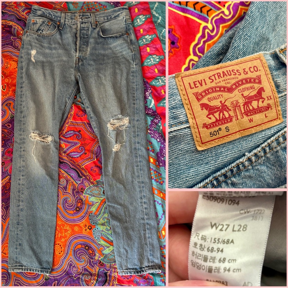 Levi's Blue Straight Leg Jeans with Distressed Details